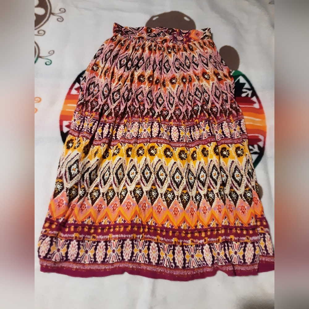 Boho Print Elastic Waist Midi Skirt - Pink Orange Yellow